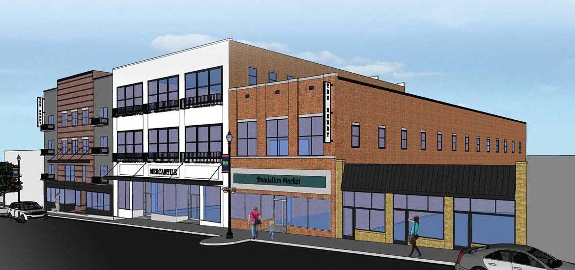 An architectural rendering of the buildings in The Henry on Main Street.